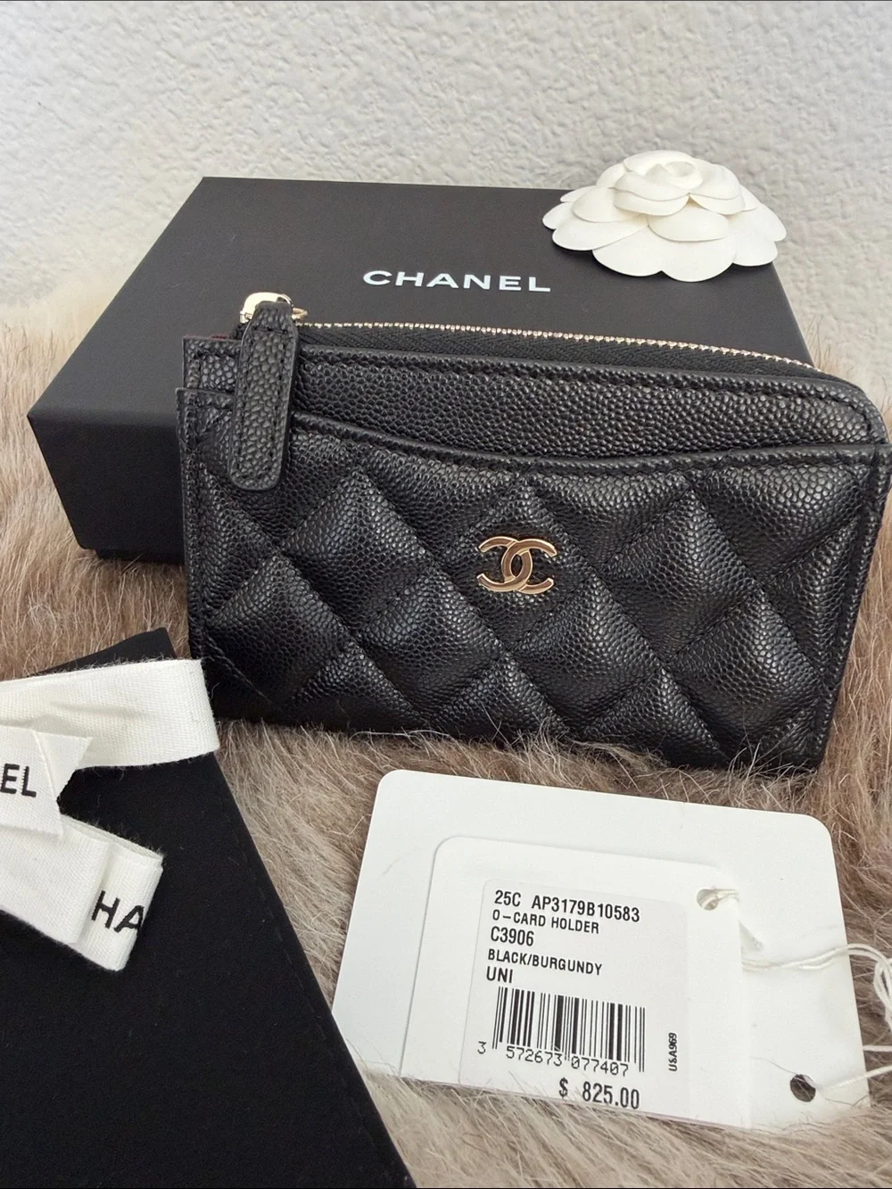 CHANEL Black Quilted Caviar Leather Card Wallet with Gold CC
